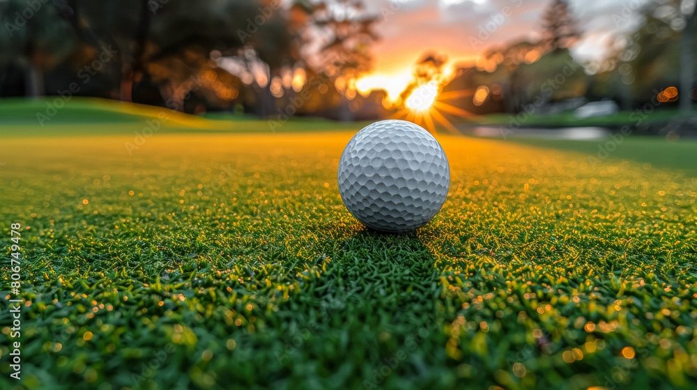 White golf ball on picturesque green golf course at sunset, in front of pond. Field is perfectly prepared, grass is neatly trimmed. Reflection of sunlight on surface of ball and texture of grass. White golf ball on picturesque green golf course at sunset, in front of pond. Field is perfectly prepared, grass is neatly trimmed. Reflection of sunlight on surface of ball and texture of grass.