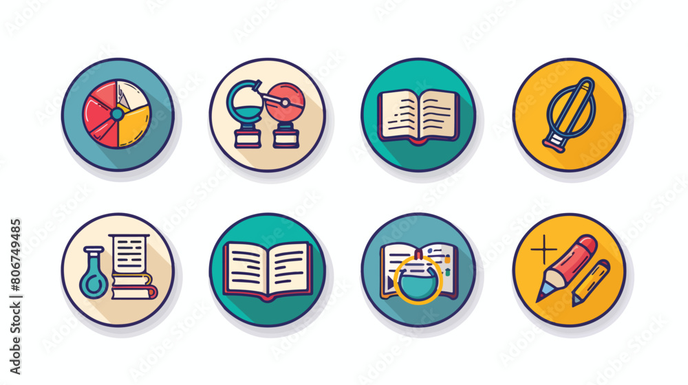 Colorful sticker set of study icons in circle shape vector