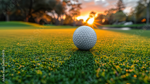 White golf ball on picturesque green golf course at sunset, in front of pond. Field is perfectly prepared, grass is neatly trimmed. Reflection of sunlight on surface of ball and texture of grass.