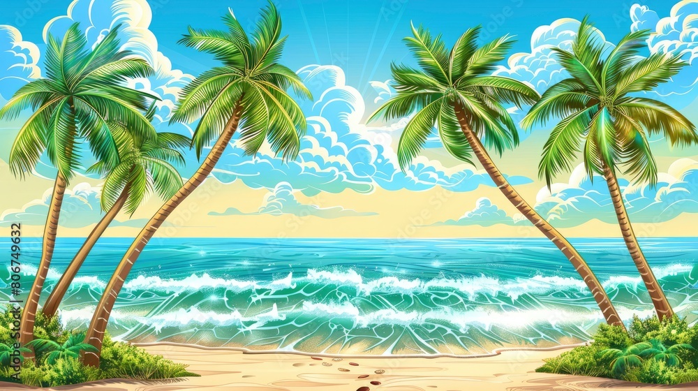 Palm Trees Sway Gently On The Tropical Beach, Offering A Soothing And Serene Atmosphere, Cartoon Background