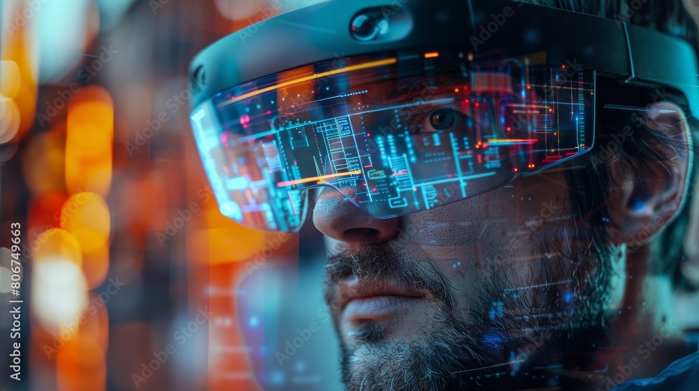 An engineer wearing augmented reality glasses, visualizing future