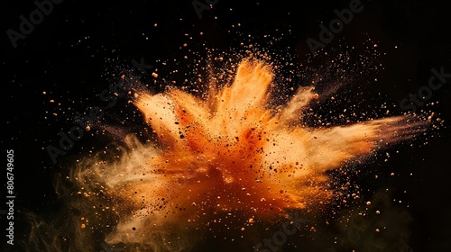 Orange Farbexplosion vor dunklem Hintergrund, rauchender Knall, Explosion aus orangem Pulver 