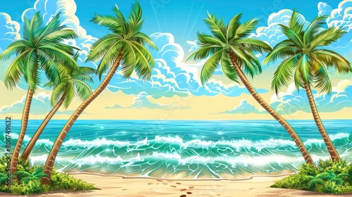 Palm Trees Sway Gently On The Tropical Beach  Offering A Soothing And Serene Atmosphere  Cartoon Background