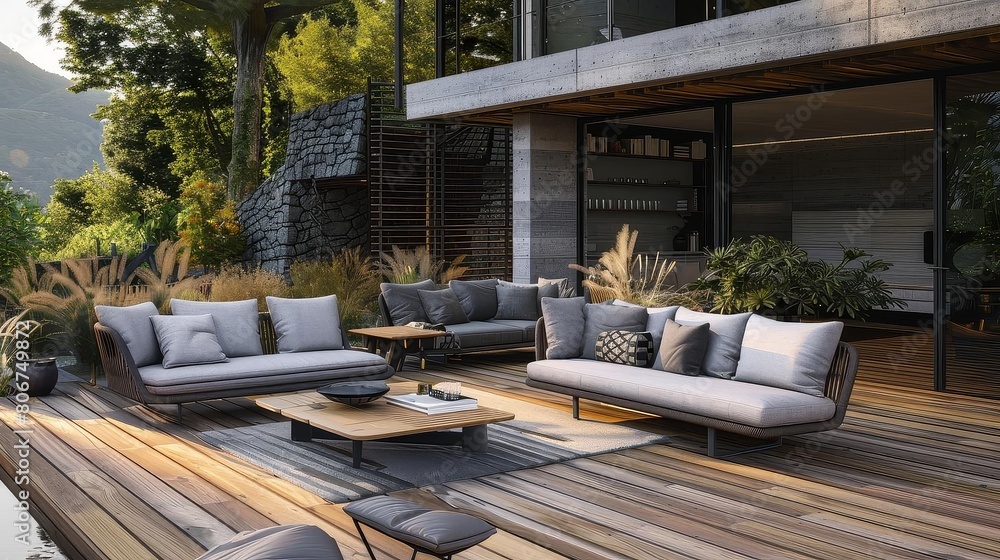 outdoor deck with trendy furniture including a gray couch, wood table, and black stool, surrounded by potted green plants and a large building in the background the deck is adorned with outdoor deck with trendy furniture including a gray couch, wood table, and black stool, surrounded by potted green plants and a large building in the background the deck is adorned with