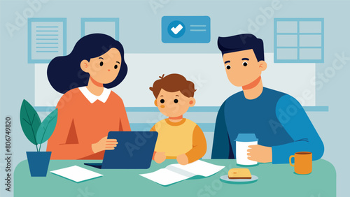 A mother and father sit with their child at a kitchen table surrounded by bills and loan statements discussing the realities of repaying a cosigned. Vector illustration