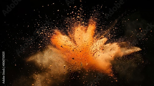 Orange Farbexplosion vor dunklem Hintergrund, rauchender Knall, Explosion aus orangem Pulver 