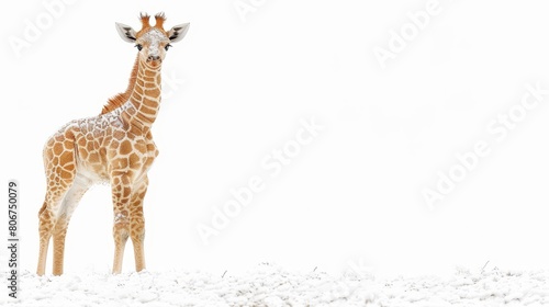   Giraffe stands amidst snow-piled ground ..Snow-covered terrain beneath its feet ..White canvas sky overhead