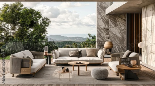 outdoor deck with trendy furniture including a white couch  gray and white pillows  and a wood table  surrounded by a green tree and distant mountain  under a cloudy blue sky with