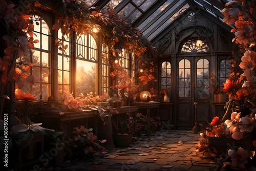 3d render of halloween background with pumpkins in a greenhouse