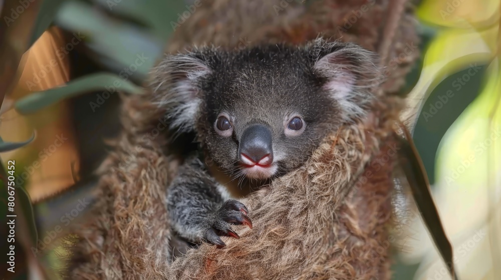 Fototapeta premium A tight shot of a koala on a tree limb, surrounded by foreground leaves, and a softly blurred background