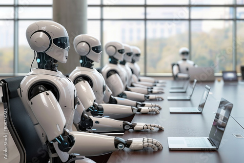 Group of robots in business attire sitting at a table with laptops, set against an office background. This image symbolises how AI lead to increased automation within global business environment. photo