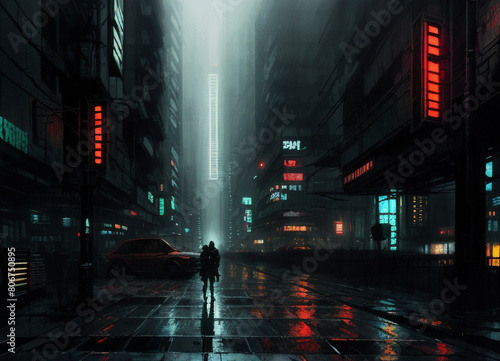 Atmospheric night city of the future cyberpunk style, people cars, night lights, generative ai