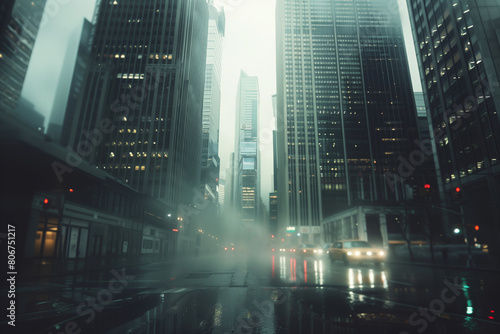 Misty Rainy Cityscape with Glowing Lights and Moving Traffic.Misty Rainy Cityscape with Glowing Lights and Moving Traffic.