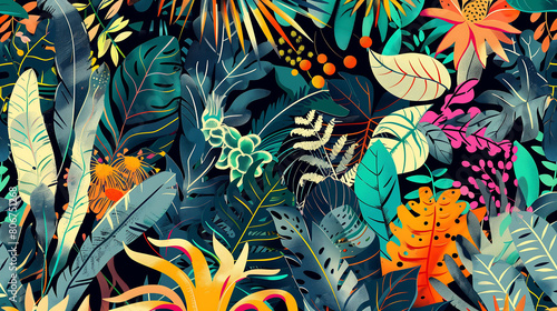 Dive into a luxuriously rendered digital tapestry featuring a modern exotic floral jungle pattern, where each segment of the collage is a masterpiece of contemporary artistry photo