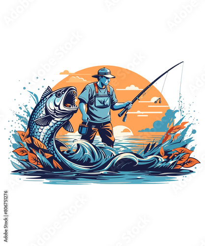 A fisherman catches fish with a fishing rod illustration