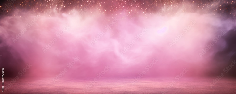 Pink smoke empty scene background with spotlights mist fog with gold glitter sparkle stage studio interior texture for display products blank copyspace