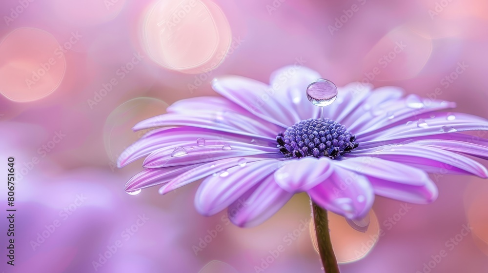 A tight shot of a purplish bloom, adorned with water beads on its petals, against a softly blurred backdrop A tight shot of a purplish bloom, adorned with water beads on its petals, against a softly blurred backdrop