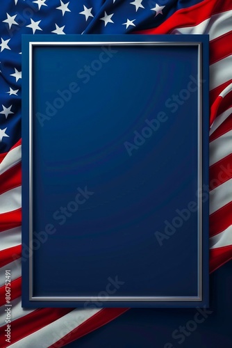 A blue background with an american flag and a blank frame.