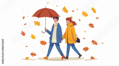 Couple walking with autumn suit and umbrella character