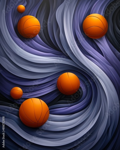 A digital painting of basketball balls on a swirling background.