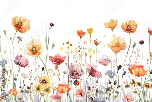 trendy watercolor style herbal illustration with wild plants and flowers isolated on white