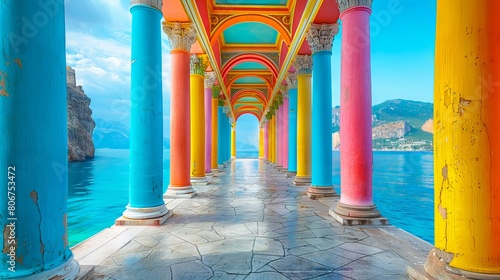 A colorful walkway with columns and water. photo