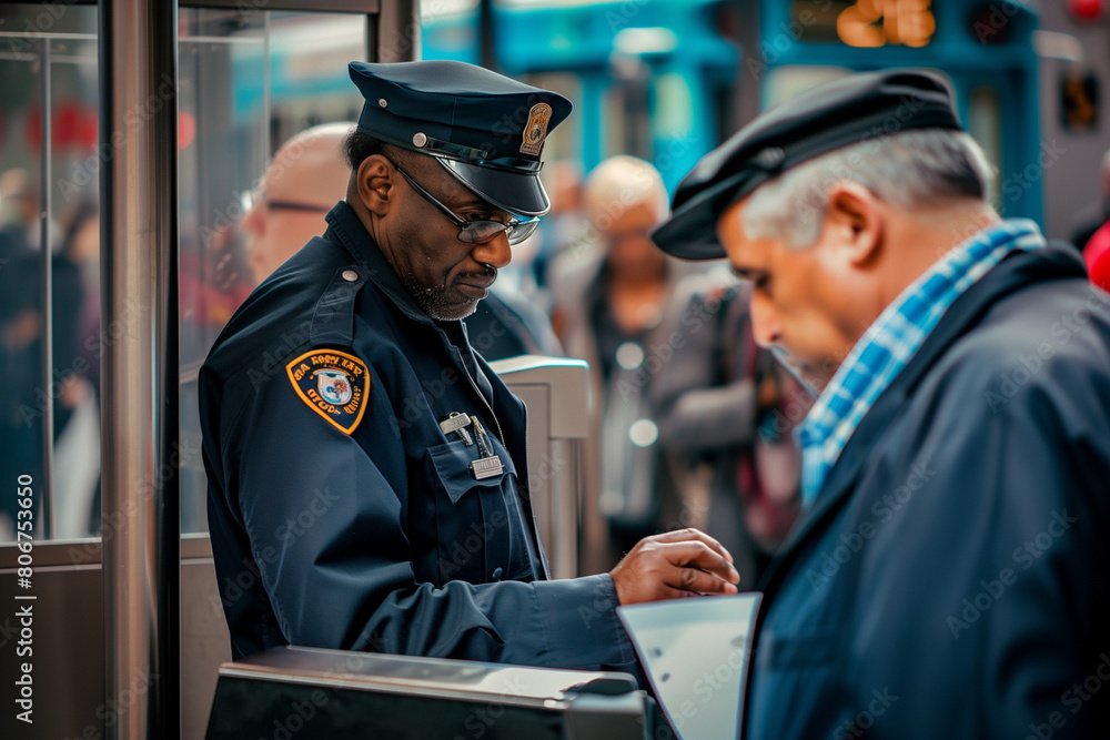 Security personnel checking passenger ID at a transit station entry point. Security personnel checking passenger ID at a transit station entry point.