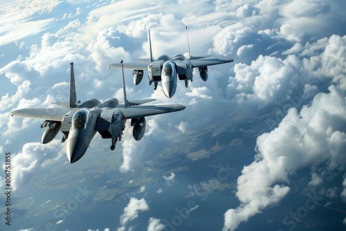 Two high-speed combat military fighter jets soaring through the sky over dramatic clouds photo
