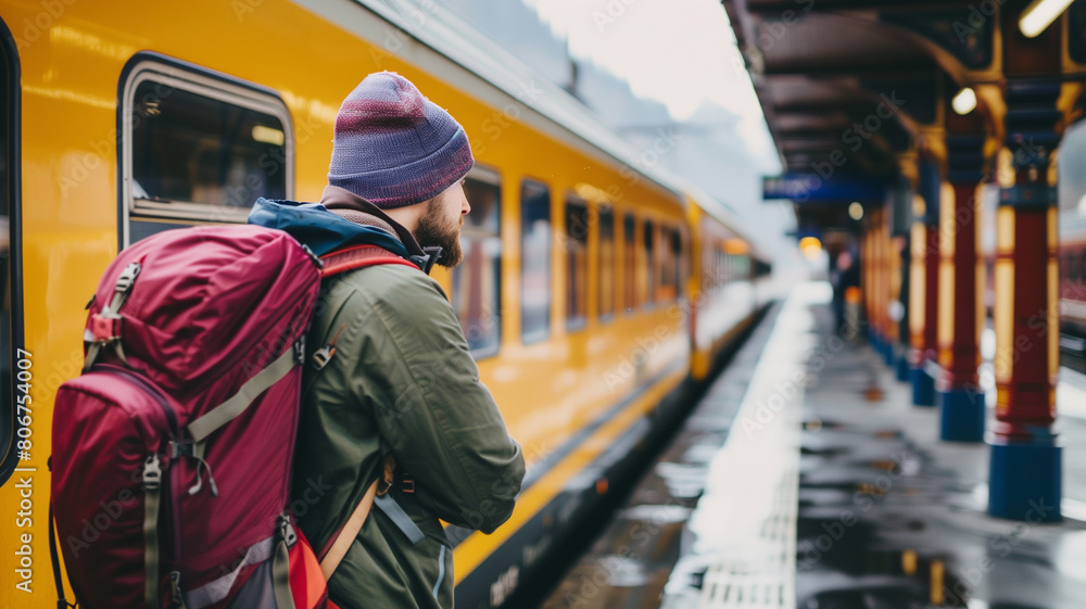 A tourism man with a backpack waits for a train at a train station A tourism man with a backpack waits for a train at a train station