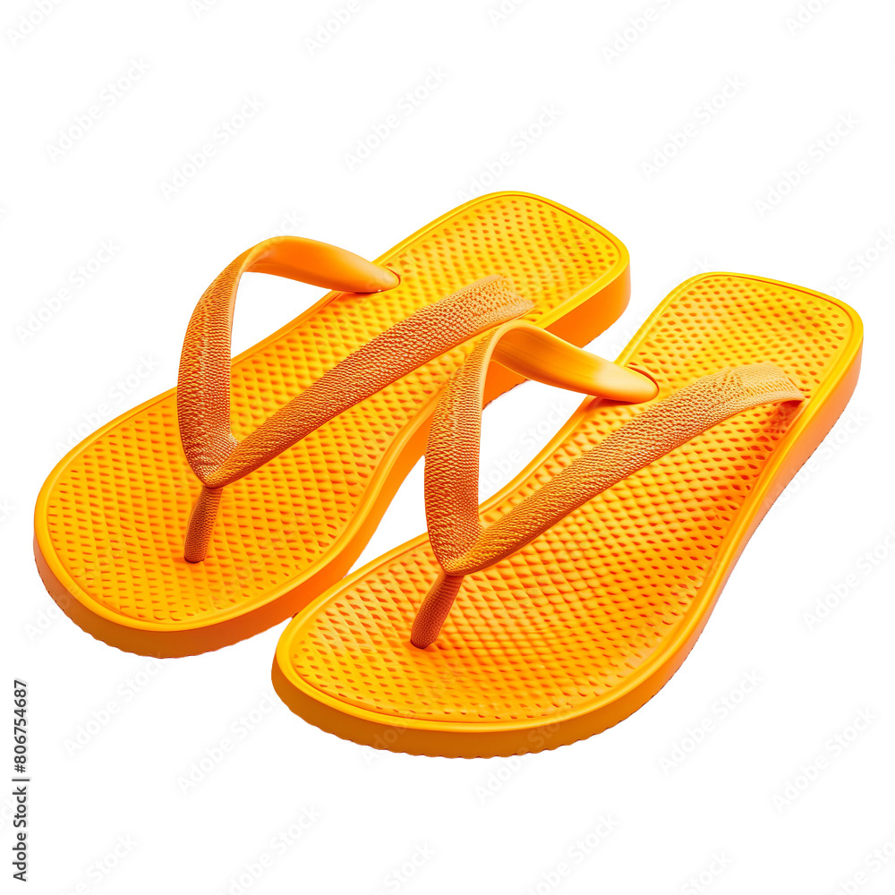 Two orange flip flops with a gold band. The sandals are made of plastic and have a gold band Two orange flip flops with a gold band. The sandals are made of plastic and have a gold band