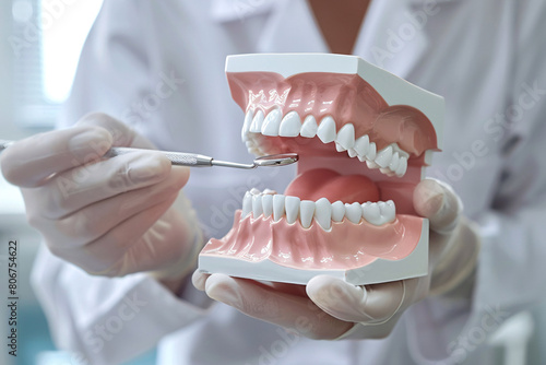 Dentist demonstrating proper brushing technique to elderly patient using oversized model teeth and toothbrush in exam room photo