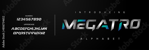 Megatro creative simple modern urban alphabet font. Digital abstract futuristic, logo, music, sport, minimal technology typography. Simple numeric vector illustration