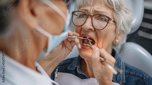 Dentist gesturing with dental mirror examining senior womans teeth and gums for any signs of oral cancer or disease photo