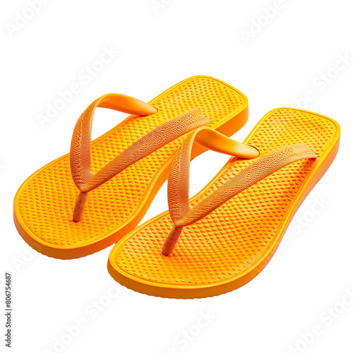 Two orange flip flops with a gold band. The sandals are made of plastic and have a gold band
