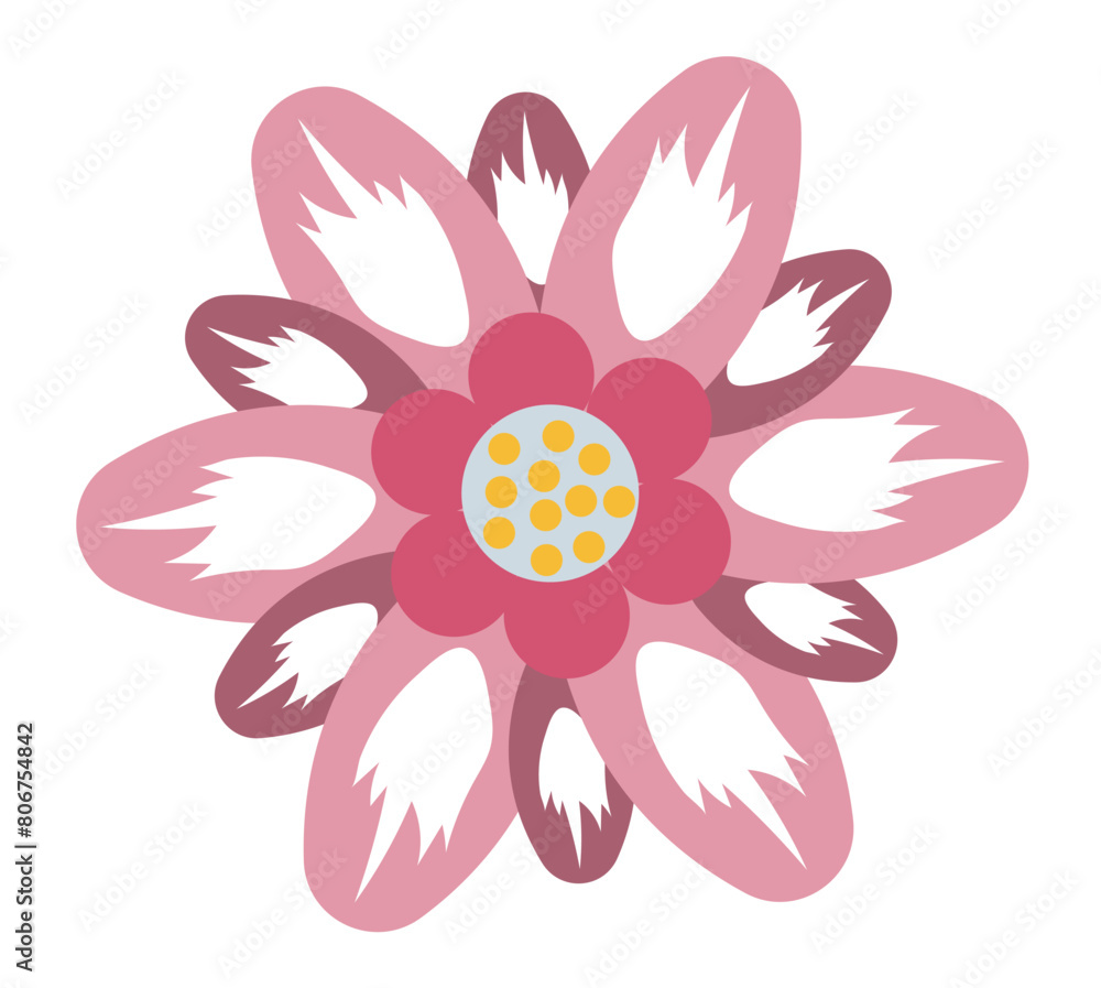 Fototapeta premium Abstract flower head in flat design. Pink and red blossom with geometry shapes. Vector illustration isolated.
