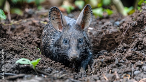  A tight shot of a small creature in a dirt-scattered field, against a backdrop of a solitary green plant