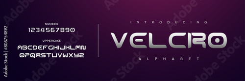 Velcro creative simple modern urban alphabet font. Digital abstract futuristic, logo, music, sport, minimal technology typography. Simple numeric vector illustration