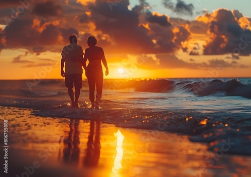 Affectionate and active senior couple enjoying the sunset at the beach