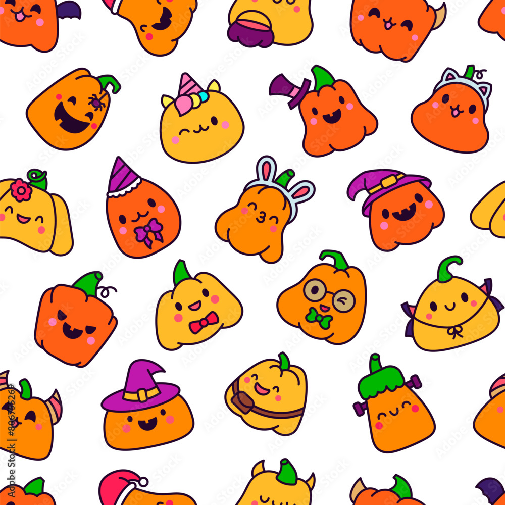 Cute kawaii Halloween pumpkin. Seamless pattern. Holidays cartoon character. Monsters faces. Hand drawn style. Vector drawing. Design ornaments. Cute kawaii Halloween pumpkin. Seamless pattern. Holidays cartoon character. Monsters faces. Hand drawn style. Vector drawing. Design ornaments.