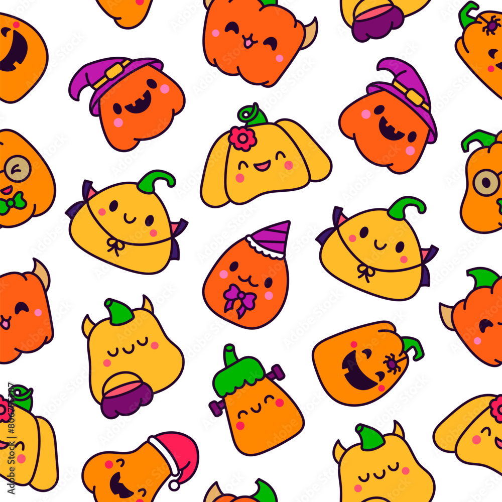 Fototapeta premium Cute kawaii Halloween pumpkin. Seamless pattern. Holidays cartoon character. Monsters faces. Hand drawn style. Vector drawing. Design ornaments.