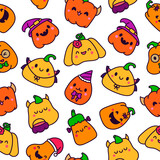 Cute kawaii Halloween pumpkin. Seamless pattern. Holidays cartoon character. Monsters faces. Hand drawn style. Vector drawing. Design ornaments.