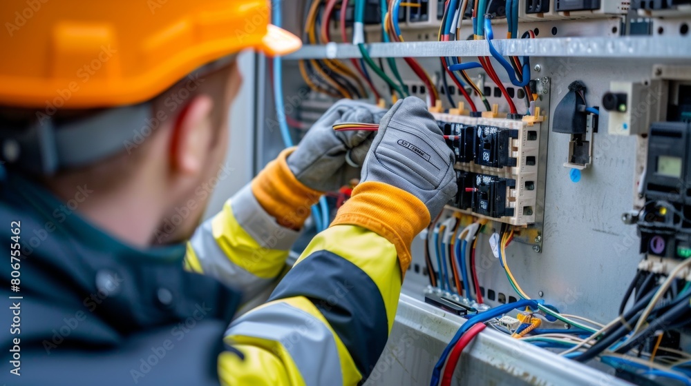 Fototapeta premium Close-up of an electrical engineer inspecting solar panel junction boxes for signs of corrosion or loose connections, ensuring long-term reliability.