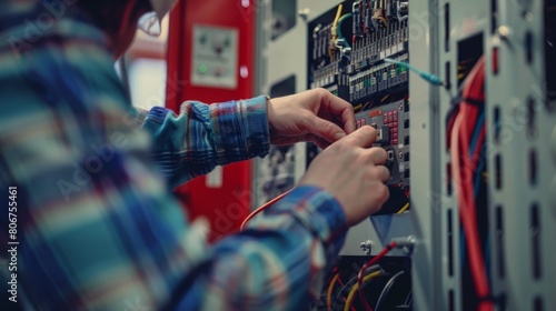 Close-up of an electrical engineer inspecting solar panel junction boxes for signs of corrosion or loose connections, ensuring long-term reliability. photo