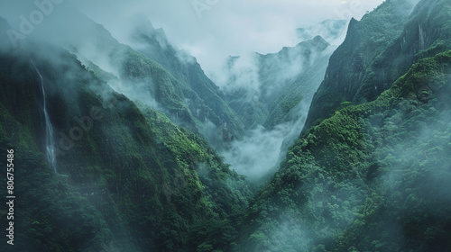 A breathtaking view of a majestic mountain range shrouded in mist, with winding hiking trails leading adventurous travelers to hidden waterfalls, lush valleys, and panoramic vistas, photo