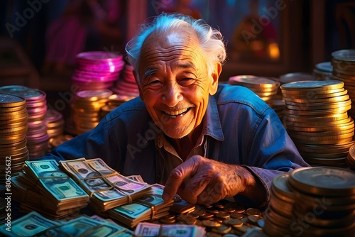 A joyfully elderly man, his smiling face lined with wrinkles telling stories of a well-lived life, counts piles of money with glee.