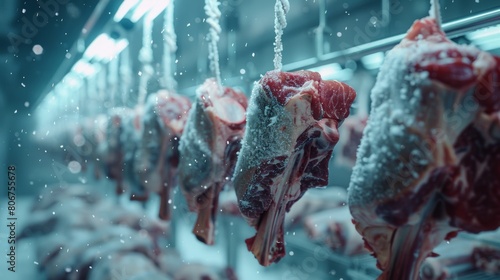 Close-up of frozen meat hanging on hooks in a refrigerated storage room, illustrating the process of aging and preserving meat quality. photo