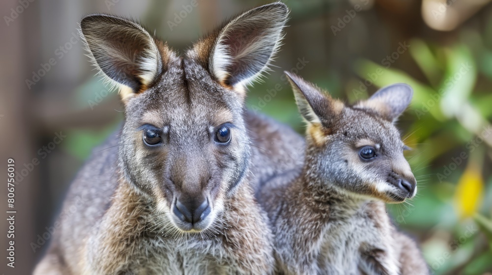 Fototapeta premium Two baby kangaroos pose side by side before a green bush adorned with yellow flowers