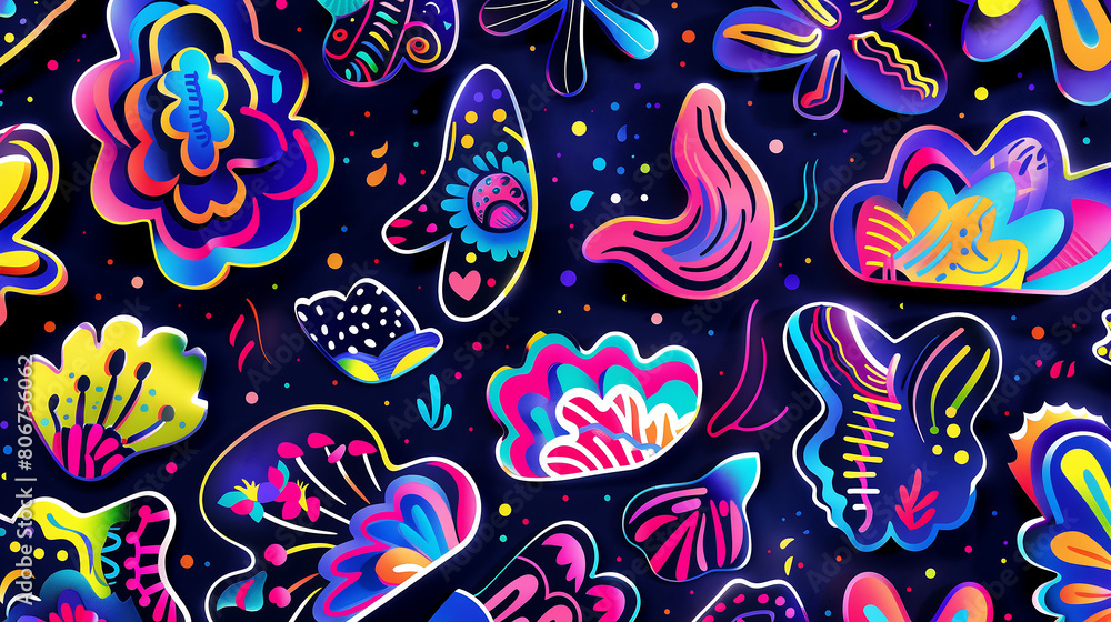 Envision an abstract sticker pack where clouds and flowers merge into unique artistic shapes, each featuring vibrant, saturated colors and intricate patterns that capture the eye Envision an abstract sticker pack where clouds and flowers merge into unique artistic shapes, each featuring vibrant, saturated colors and intricate patterns that capture the eye