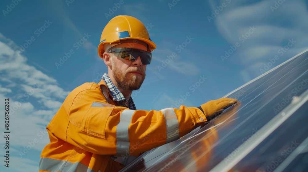Engineer installing photovoltaic panels in a solar farm, harnessing renewable energy for sustainable power generation. Engineer installing photovoltaic panels in a solar farm, harnessing renewable energy for sustainable power generation.
