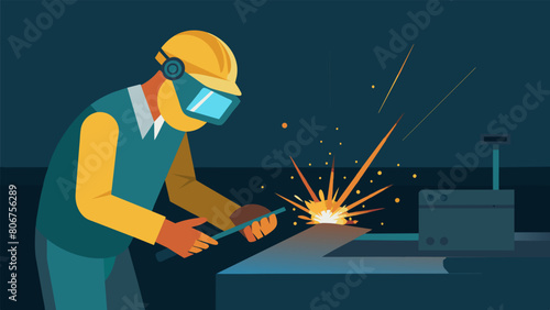 Sparks fly as a welder works diligently to connect two pieces of metal the beams of his flashlight and welding torch casting a fiery glow on the. Vector illustration